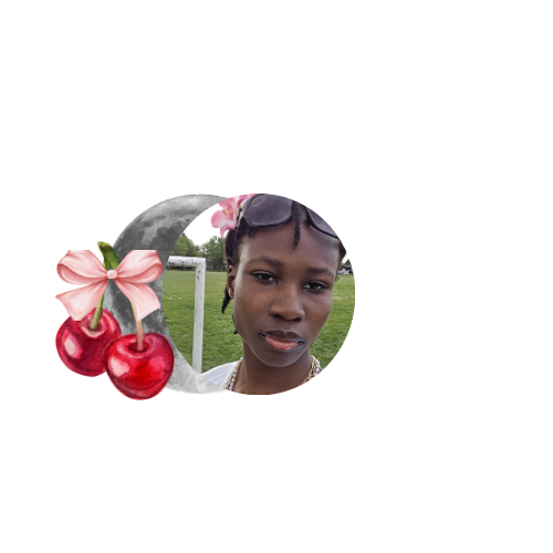 moon with cherries with a pink bow. plus a photo of me on top